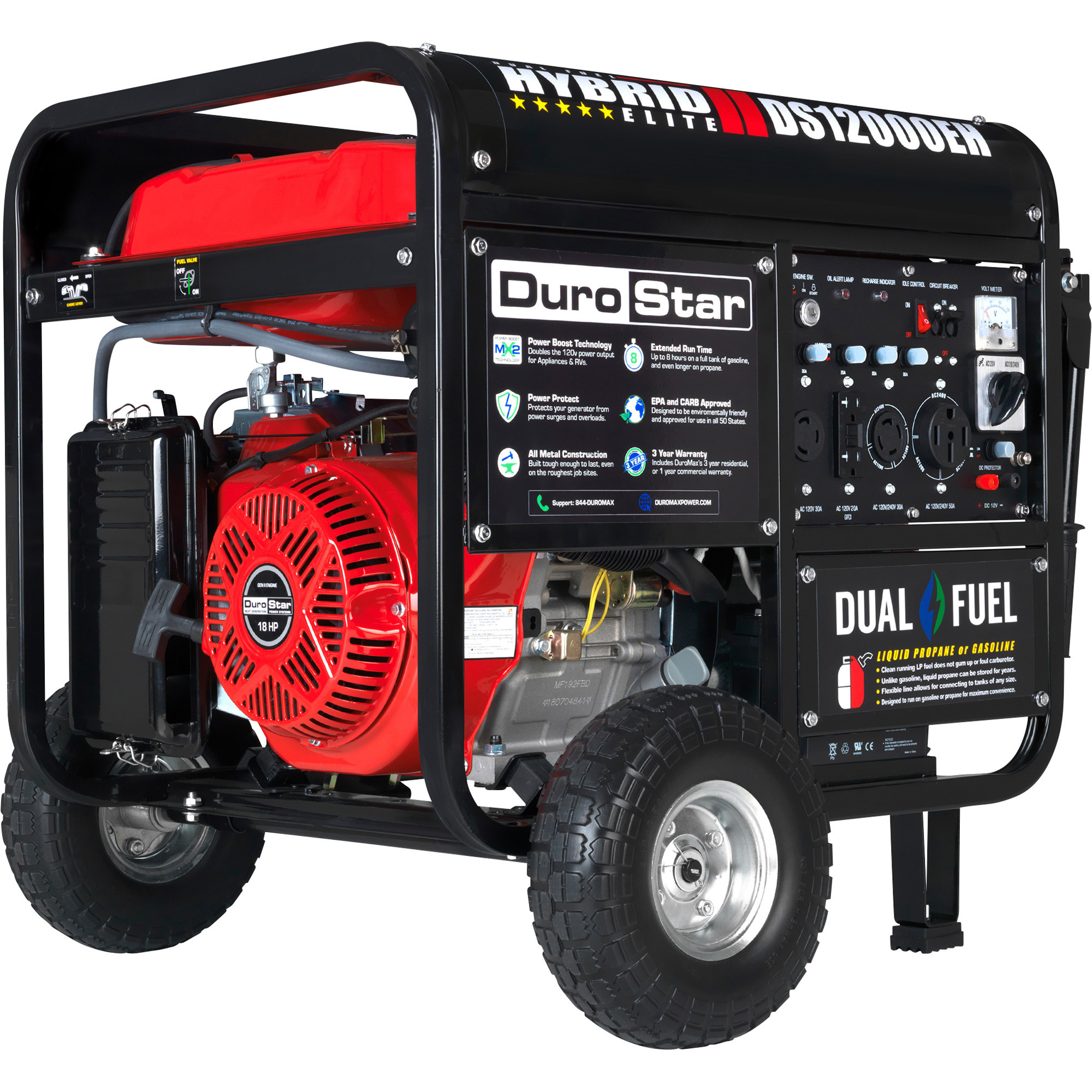 DuroMax DuraStar Dual Fuel Generator, 12,000 Surge Watts, 9500 Rated Watts, Electric Start, CARB Compliant, Model# DS12000EH
